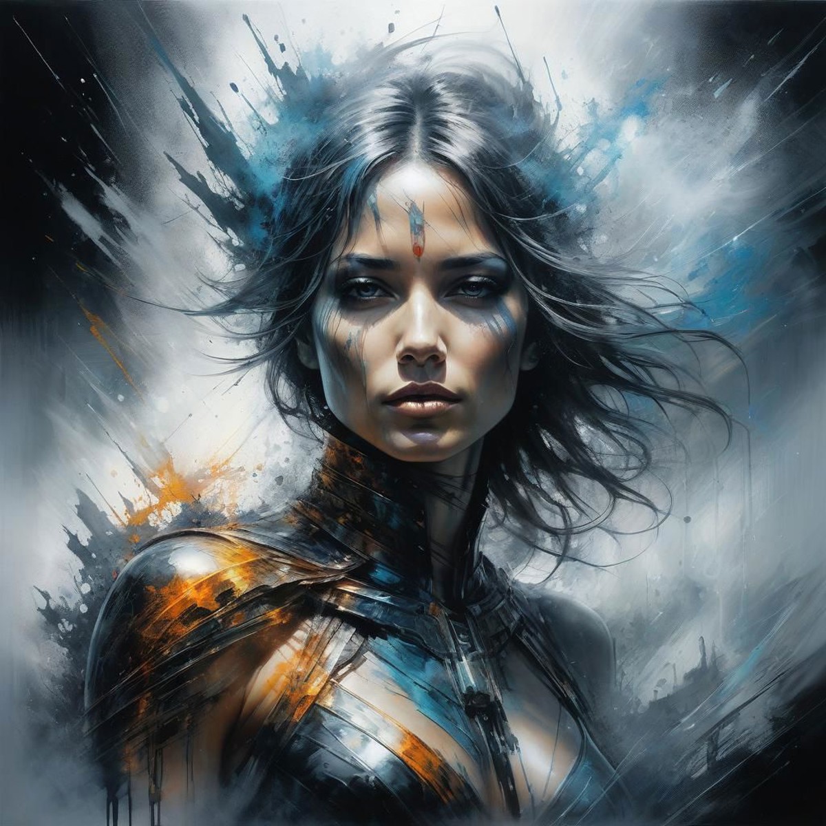 Oil spray paint style, breathtakingly surreal portrait of an enigmatic woman expertly etched by Aleksi Briclot, fusion of ...