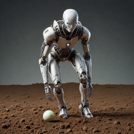 qu4ntum, Zoom out image, full body image, female robo android, glowinfg flash eyes, fully clothed, human clothes, she pressing ball in soil by her foot, high heels, ball going in soil, deformed ball submerging in soil