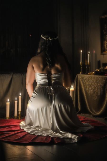 RAW photo, 8k uhd, dslr, high quality, ultra-realistic, realistic, realism, film grain, Fujifilm XT3.
View from behind, dark gothic-room lit by candles, sacrificing alter, golden chalice, blood spilling out.
1woman wearing a (satin white dress), voluptuous body, kneeling, worshiping