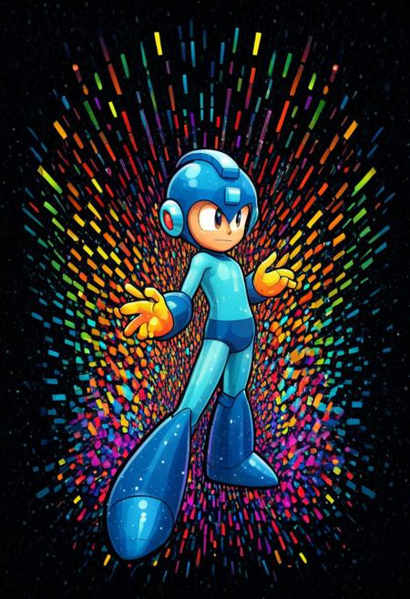 Megaman, proud face, dynamic pose, in the style of golden glitched rainbow. Snow is falling as holographic colored baroque geometric patterns float around the canvas in the style of colorful digital art. The image has a cyberpunk aesthetic with a glitchy distortion and psychedelic color palette. Black background, neon lights, glitch art, surrealism, high contrast, vibrant colors, psychedelic patterns, ethereal glow. The overall mood should be one of spiritual contemplation and otherworldly beauty. It's like something in the style of science fiction.Rockmegamen, Cartoony, cartoony, By Crazyoe