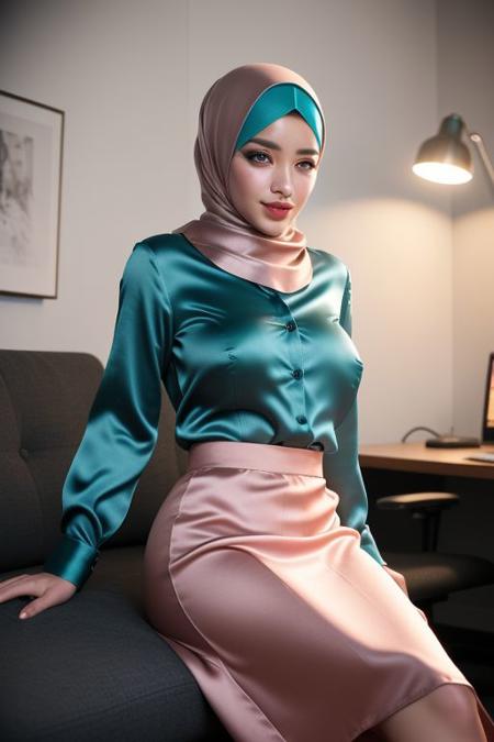 (3DMM:0.5), ((Masterpiece, best quality)), (photography, realistic, photo-realistic, 8k, highly detailed, [full length frame, Front view], High detail RAW color art, hyperrealism), 
(1girl, (Turkish)), supermodel, tall, long legs, skinny jeans,  (detailed skin, perfect face, Teal satin hijab, loosely tight hijab style, beautifully makeup, eyeshadow, brown eyes, beautiful big eyes, long eye lashes, inviting smile), ((unbutton gray satin shirt, perky breasts, exposing breasts, 34E cup breasts, pink nipples), ((satin long skirt)), sitting in sofa, at the office,  detailed office, Random  view,  random position, random pose, 
((beautiful cinematic lighting, 8k, high res, volumetric lighting, dramatic lighting, perfect shadow and light, perfect reflections, backlight. studio lighting,))diffused soft lighting, shallow depth of field, sharp focus, cinematic lighting, art by chunie, anime art,