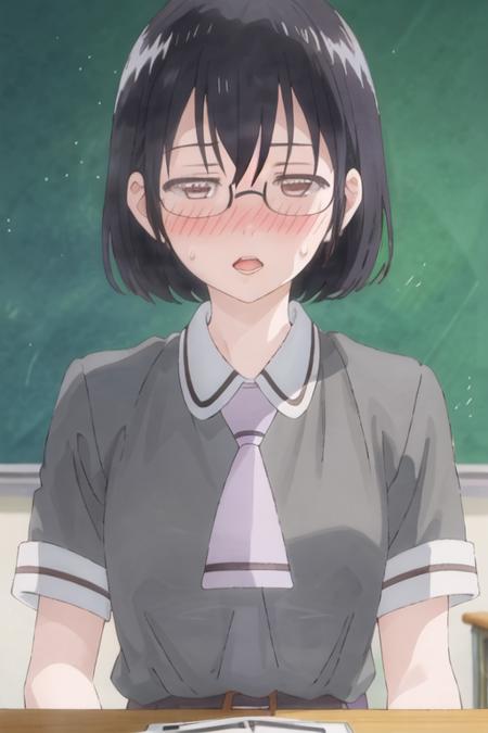 best quality, masterpiece, highres, solo, {kasumi_nomura_asobiasobase:1.15}, black_hair, glasses, short_hair, necktie, brown_eyes, 1girl, black_eyes, chalkboard, classroom, indoors, looking_away, looking_to_the_side, school_uniform, shirt, sweatdrop, upper_body, white_shirt, blush, desk, open_mouth, purple_necktie, short_sleeves