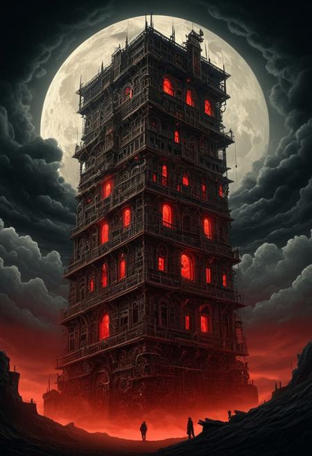 A towering mechanical construct, its body adorned with elaborate 17th-century engravings, its eyes glowing with an eerie red light. The background is filled with swirling dark clouds, etched in dramatic chiaroscuro., crisp stylized geometric landscapes, richly detailed and expressive portraits, vibrant cinematic lighting, deep emotional storytelling, bold structured shapes blending into intricate realism, soft gradient color transitions, smooth abstracted forms meeting textured photographic details