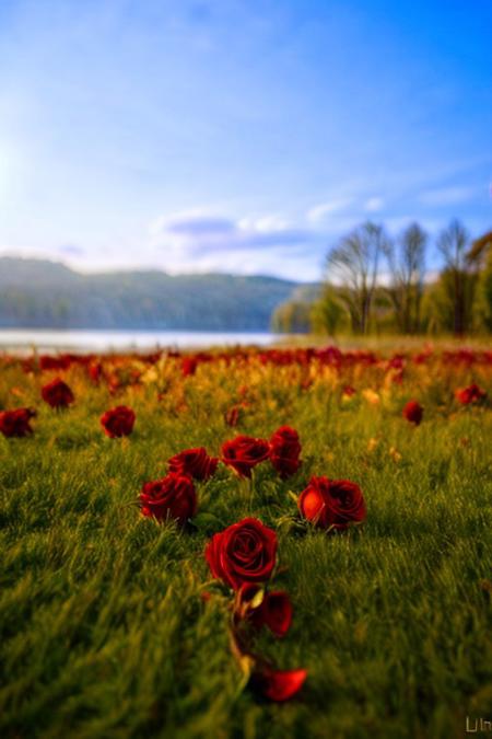 masterpiece, best quality, ultra-detailed, realistic, 8k, pine tree, flowers fields, many kinds of flowers, a couple of rabbits on very distant, lakes, meadows, grass, glitter on top, daytime, sunlight, cloudy, some birds fly in the sky over long distances, out-of-this-world scenery, lifelike, naturalism, greatest naturalism photo, immaculate detailed realism photography, rich colors, best colors perfect composition, perfect colors, colorful, clear photo, intrigue nature panorama, delicate nature photo, immaculate micro-details nature elements, (out-of-this-world scenery:1.23), beautiful landscape, beautiful flowers, crystal fantastic, breathtaking beautiful nature, unmatched beauty nature, more nature elements, rich nature elements, (emphasize a bunch of small red roses are scattered around:1.37), some yellow rose, some white rose, perfect dynamic angles for viewing the scenery, very aesthetic, artistic style, surreal, insanely lifelike, top best naturalism photography, greatest detailed, intricate nature details background, depth of field, (no human:1.37), detailerlora,