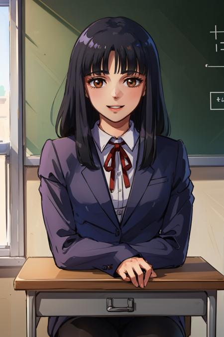 beautiful, masterpiece, best quality, beautiful, looking at viewer, classroom, cowboy shot, sitting on chair, desk, looking at viewer, smile
 <lora:yumiko:1> yumikomt, long hair, school uniform, blunt bangs, black hair, neck ribbon