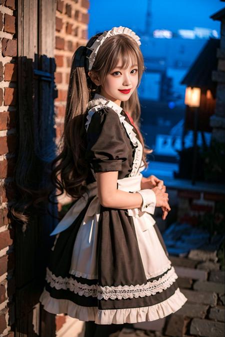 realistic, photorealistic, masterpiece, best quality, 1girl, solo, standing in castle, night, looking at viewer, smile,maid_dress, <lora:Cute Asian Face:0.7>, <lora:maid_dress_v1:0.75>