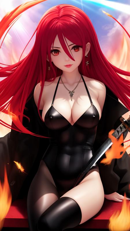 1girl, solo, upper body, character focus, perfect eyes, 
1girl, shana, alastor (shakugan no shana), breasts, jewelry, weapon, long hair, sword, holding, red hair, holding weapon, solo, leotard, holding sword, pants, pendant, large breasts, fire, bare shoulders, hair between eyes, open clothes, parted lips, black leotard, highleg, necklace, coat, cleavage, red eyes, highleg leotard, very long hair, covered nipples, looking at viewer, black coat, standing, open coat, katana, off shoulder, earrings, skin tight, long sleeves, lips, black pants, bangs, black jacket, cowboy shot, jacket
sitting, spread legs, 
perfect slick hd hq haze, face details, (dynamic pose), beautiful detailed skin, see-through embroidery, intricate gothic dress, sleeves past fingers, divine lights, sunbeam, shining halo, wings, falling feathers, majestic scene,   
light particles, lens flare,