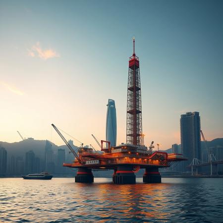 make offshore rig future setting with skyscraper chine text of a town
