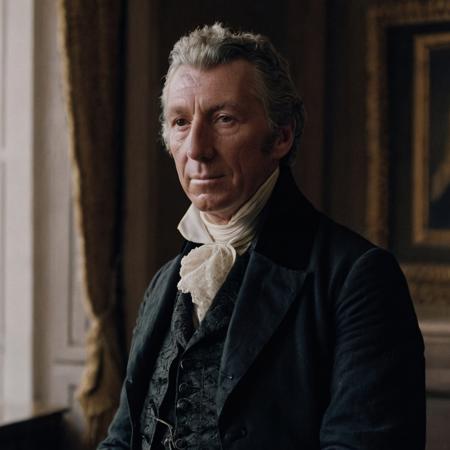 front shot, portrait photo of (( James Monroe)) , looks away, natural skin, skin moles, cozy interior, 17th century attire, (cinematic, film grain:1.1)