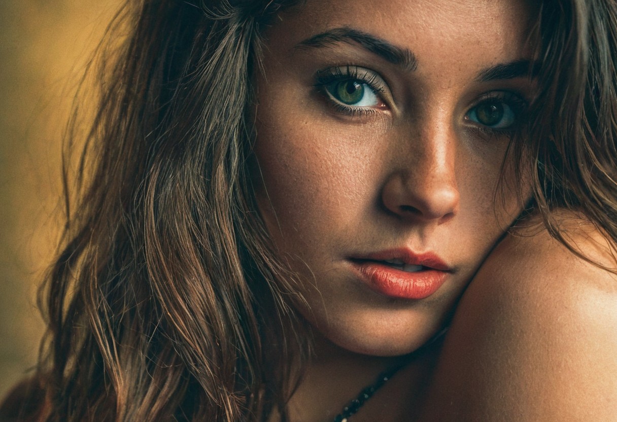 Photography in (stvmccrr style), a young  Italian woman with striking  green eyes, upper body, erotic, cultural portrait, emotive humane photography, rich colors, analog film, film grain, kodachrome, intricate details, insanely detailed, natural lighting, 8k, hdr, masterpiece, award winning photography, Fine art photography style, film photography style