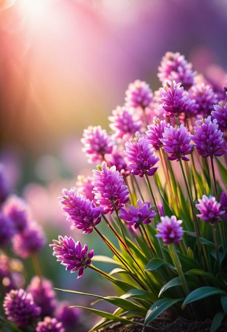 ((RAW Photo, 32k Ultra hd)) (masterpiece:1.1) (best quality:1.1), The image features an array of delicate flowers, predominantly in shades of soft pink and lavender, with a dreamy bokeh that enhances their ethereal appearance. The flowers, which are the main subject, stand in a cluster, with some in full bloom displaying their intricate petals and prominent stamens while others are still in bud form. The lighting in the image casts a gentle glow on the flowers and creates small orbs of light that float around the blossoms like tiny sparkles, contributing to the magical feel. This image likely captures the essence of spring or the beauty of nature, showcasing the flowers in a way that feels almost fantastical due to the color palette chosen. The flowers are vivid against a softly blurred background that gradients from a cool purple to a warm pink, which suggests either early morning light or the creative use of colored filters in photography. deep rich vibrant color scheme, cinematic, ultra hd, Masterpiece, best, perfect, ultra quality, best quality, vibrant colors, atmospheric, photorealistic, photoreal, elegant, , hypermaximalist, expensive and luxury, detail, unique shot, cinematic feel, very sharp and clear image