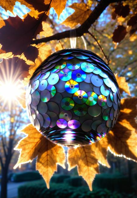 macro photo, hive sphere (made of cd's:1.1) hanging on a tree, leaves, falling leaves, faint glow, reflective surface, outside