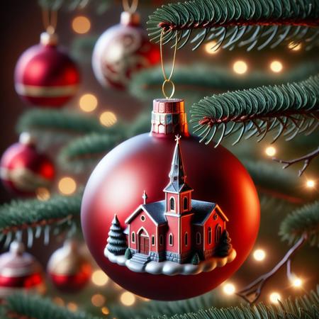very realistic close-up photograph of a  red Christmas sphere with a church on it hanging in a Christmas tree branch