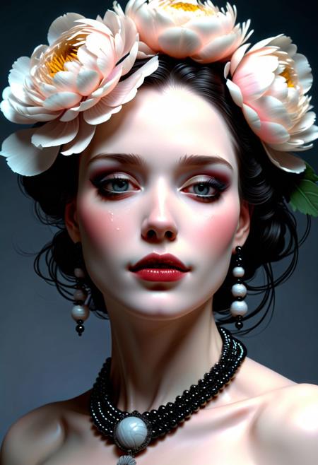 Inspired by Mike Mignola, 1 female,beautiful, wrapped in beads, peonies, languor, softness, half smile, soft light, tenderness, seduction, the greatest quality, best facial details
futurism, 2d