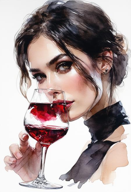 Realistic ink illustration, translucent watercolour washes, subtle charcoal shading. Intimate close-up, slight low-angle: an enigmatic woman poises a crimson wineglass. Piercing backlight ignites the ruby liquid, casting vibrant carmine refractions across her luminous skin. Dramatic chiaroscuro sculpts her features against velvet shadows. Palette: deep crimsons, velvety blacks, warm skin. Glistening crystal, meticulous detail. Atmosphere: intimate contemplation, mysterious allure; subtle dust motes dance in the focused beam. Her expression: a knowing, enigmatic glance.
