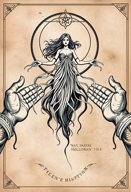 Necronomicon Sketch, first person perspective, a stylized woman hovering in the center of the background, while on the right and left of the image an open hand is held towards her in offering, ribbons of energy flowing from the hands and into the hovering woman's mouth <lora:Necronomicon-10:0.8>