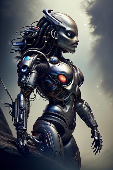 cinematic film still silverpulse, cyborg yautja, simple background, high quality, artistic, vibrant colors, detailed textures. futuristic sleek/glossy silver and blue glow, vibrant colors, detailed textures., Concept art, cyborg, background, vintage, modern, SilverPulse, <lora:SilverPulseMorphXL:0.8>, excellent composition, artistic, highly detail, holy, sunny, dynamic dramatic beautiful full taking . shallow depth of field, vignette, highly detailed, high budget, bokeh, cinemascope, moody, epic, gorgeous, film grain, grainy, side view,