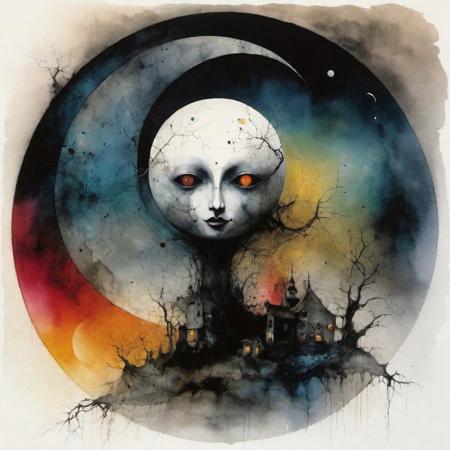 Dark Cosmic Architect, anthropomorphic moon, color Ink illustration by Stephen gammell, heavily inspired by the unsettling symbolism of Johfra Bosschart, abstract flourishes of Joan Miro, abstract surrealism, deep colors, macabre, beautiful, smooth,