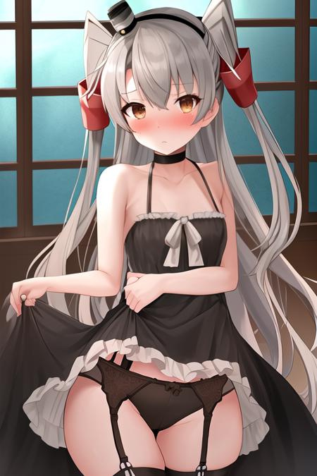 masterpiece, best quality, highres, solo, {amatsukaze_kantaicollection:1.10}, long_hair, two_side_up, brown_eyes, hair_tubes, grey_hair, blush, garter_straps, white_hair