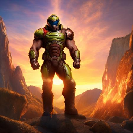 best quality, highres, absurdres, full body, accurate, solo, standing, valley, sunlight, 1boy, armor, clenched fists, boots, helmet, muscular, slayer,  <lora:doomslayer2:1>