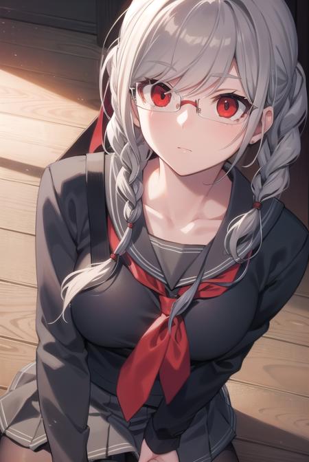 pekopekoyama, <lora:pekopekoyama-lora-nochekaiser:1>,
peko pekoyama, braid, long hair, (red eyes:1.5), twin braids, glasses,
BREAK black pantyhose, black shirt, brown footwear, collarbone, pantyhose, pleated skirt, school uniform, serafuku, shirt, shoes, skirt,
BREAK looking at viewer,
BREAK indoors, classroom,
BREAK <lyco:GoodHands-beta2:1>, (masterpiece:1.2), best quality, high resolution, unity 8k wallpaper, (illustration:0.8), (beautiful detailed eyes:1.6), extremely detailed face, perfect lighting, extremely detailed CG, (perfect hands, perfect anatomy),