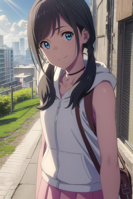 hinaamano, <lora:hina amano movie-lora-nochekaiser:1>,
hina amano, black hair, twintails, blue eyes, smile,
BREAK skirt, jacket, sleeveless, choker, hood, bag, hoodie, white jacket, backpack, hood down, hooded jacket, pink skirt, sleeveless jacket, sleeveless hoodie,
BREAK outdoors, sky, day, cloud, sunlight, cloudy sky, wind, light rays,
BREAK looking at viewer, (cowboy shot:1.5),
BREAK <lyco:GoodHands-beta2:1>, (masterpiece:1.2), best quality, high resolution, unity 8k wallpaper, (illustration:0.8), (beautiful detailed eyes:1.6), extremely detailed face, perfect lighting, extremely detailed CG, (perfect hands, perfect anatomy),