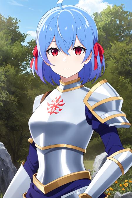 ruti, 1girl, solo, looking at viewer, red eyes, blue hair, ahoge, short hair, hair between eyes, bangs, expressionless, ribbon, closed mouth, hair ribbon, boots, frills, armor, red ribbon, blue dress, breastplate, armored dress, masterpiece, outdoors,upper body,