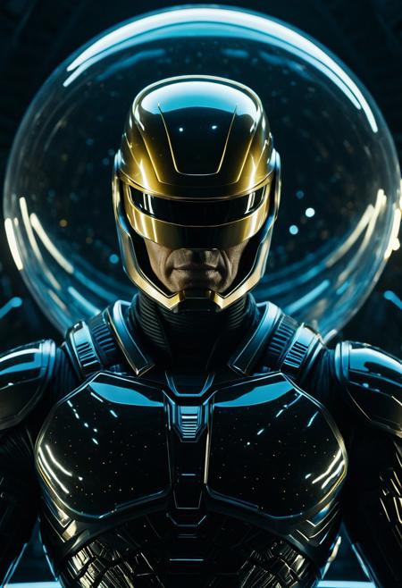 Cinematic film still. Ground level shot. Robocop alien in a crystal dome on a space ark. Eerie, futuristic, low-key lighting. Complementary colours. 8K. Intricate, mysterious textures in a high-contrast, cinematic black and gold color scheme. Masterpiece, best quality, HD photography, 8K resolution, rendered in Blender, trending on Artstation, epic, detailed full-color fantasy artwork.