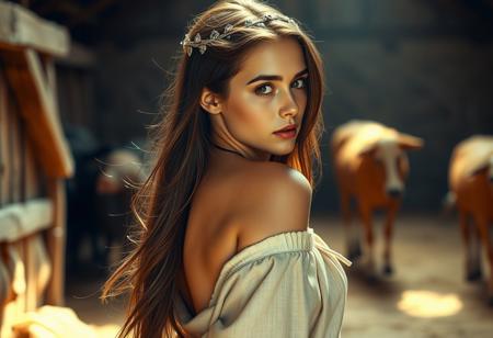 Masterpiece, best quality, score_9, score_8_up, score_7_up, score_6_up, hd, high definition, highly detailed, Retro Photo of a stunningly beautiful young madonna in a stable in a revealing tunic, large breasts, sideboob, long flowing brunette hair, beautiful hazel eyes, delicate features, long neck, curvy hips, tiny waist, slender, round ass, closed mouth, full lips, soft light, glowing light, seductive, sensual, making eye contact with viewer while looking over her shoulder