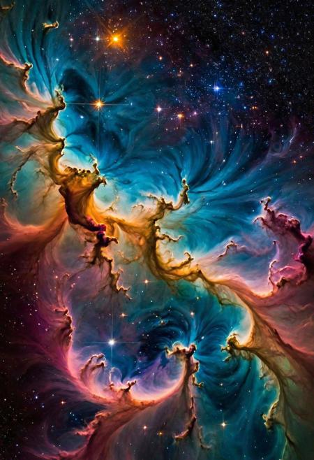 Create a stunning cosmic image that captures the beauty of the universe. It should be a vibrant and mesmerizing scene filled with a variety of astronomical elements. Include a spectacular nebula with swirling colors, glittering stars, and distant galaxies. The composition should convey the vastness and wonder of space, while also highlighting the intricate details of the nebulae and celestial bodies. The colors should be rich and deep, with contrasting hues that enhance the feeling of depth and three-dimensionality. The image should evoke a sense of awe and curiosity about the cosmos.