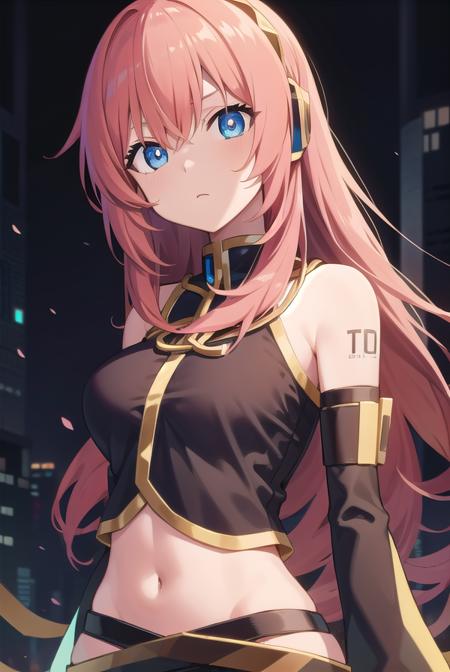 lukamegurine, <lora:lukamegurinetest:1>,
luka megurine, blue eyes, headphones, long hair, pink hair, (medium breast:1.2),
BREAK arm warmers, armband, bare shoulders, black shirt, black skirt, crop top, midriff, navel, shirt, shoulder tattoo, single arm warmer, skirt, tattoo,
BREAK looking at viewer,
BREAK outdoors, city,
BREAK <lora:GoodHands-vanilla:1>, (masterpiece:1.2), best quality, high resolution, unity 8k wallpaper, (illustration:0.8), (beautiful detailed eyes:1.6), extremely detailed face, perfect lighting, extremely detailed CG, (perfect hands, perfect anatomy),