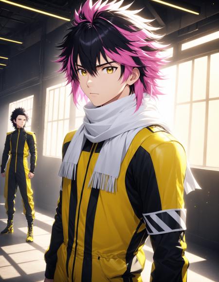 solo, 1boy, two tone hair, pink hair, black hair, male focus, white ribbon, spiked hair, mullet, white scarf, jumpsuit, yellow jumpsuit, tone mapping, specular highlights, cinematic angle, cinematic lighting, masterpiece, best quality