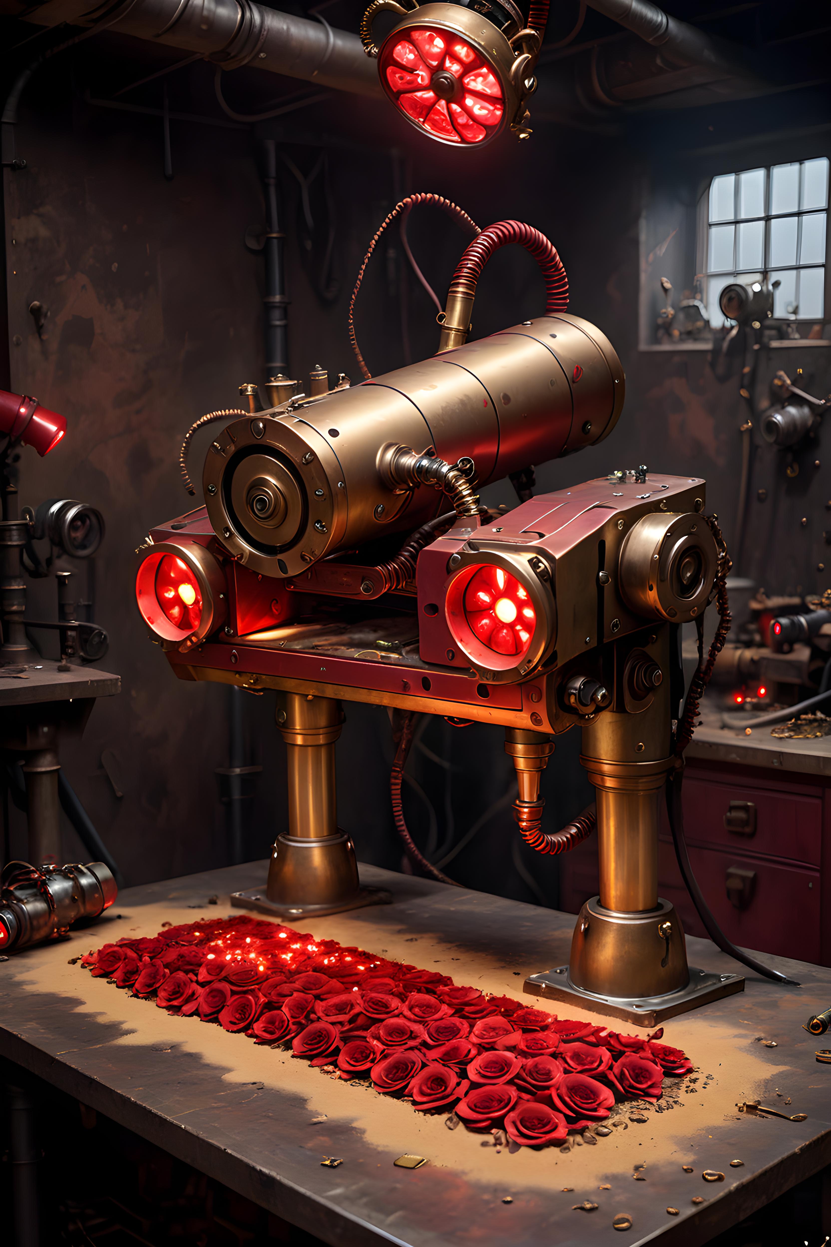 A large golden machine with a red rose and a glowing red light.
