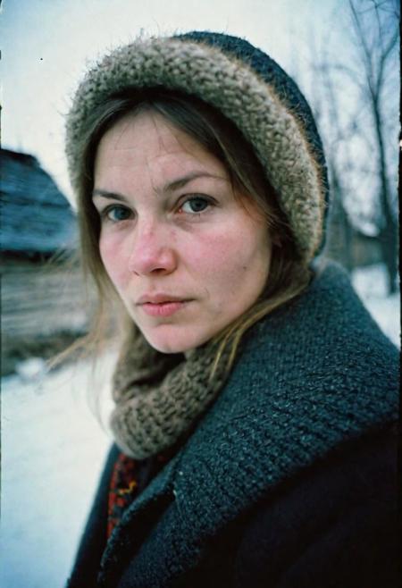 russian woman in a russian village in 1980,  winter, half body portrait , face in shadow, direct flash, very low light, from bottom, kodak portra 800 analog film, light leaks on negative, artsy, wide angle, contact test, damaged print, faded, light leaks on print,grainy,blurry, pixelated, motion blur, vignette, scratches on print, damaged scan