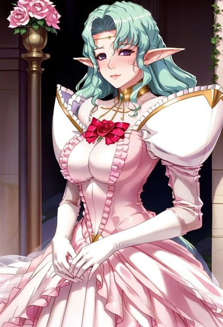 Arietta Elfinrine violet eyes circlet  cross collar white sheer mesh pink ballgown with shoulders big red ribbon witg a rose at cente on her chest elbow gloves thigh highs pink high heels shoes with ribbons