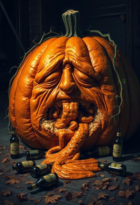 Enormous orange pumpkin with a tired, worn-out expression, sitting on the ground as it vomits its own pumpkin guts. Empty beer bottles scattered around, as if it just had a long night of drinking. The scene is dimly lit, with autumn leaves on the ground, giving off a humorous yet slightly grotesque atmosphere. The pumpkin’s vines are limp, and its color is a bit faded from exhaustion.