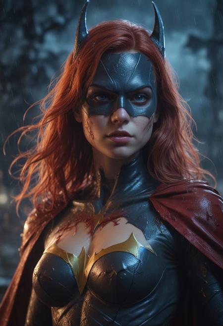 High resolution ultra-realistic of beautiful realistic Batgirl fighting against alien invasion, cinematic style, standing on a bloody and stormy battlefield in a fighting pose, bloody massacre, realistic modern combat costume, black mask, red cape, perfect athletic figure, wavy red hair, handsome dirty bloody face, realistic blue eyes, beautiful perfect detailed pupils, wet oily shiny skin, covered in dirt and blood, beautiful firm Breasts, defiant and seductive, sexy 20 year old girl, 8k resolution concept art portrait by Greg Rutkowski, Dark Gotham City, Artgerm, WLOP, Alphonse Mucha, dynamic lighting, hyperdetailed, intricately detailed, Splash art trending on Artstation triadic colors, Unreal Engine, 5 volumetric lighting, Cinematic Lighting, intricate, smooth, sharp focus digital painting, Asymmetrical Balance, painting, dynamic lighting