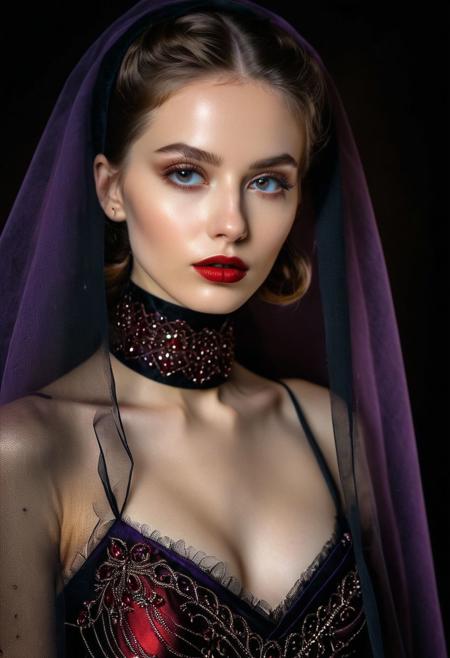 A professional (fashion photo photography:1.2),a  (studio portrait:1.2),showing (surrealistic style:1.1),(black purple gradient background:1.2),(exaggerated character movements:1.5),against glass,(masterpiece, best quality:1.4), perfect body,  long hair, brown hair, brown eyes, parted lips, , detailed skin,model photoshoot, long bob-cut hair, shiny oiled skin, pale skin,  pale white skin, shiny oiled skin, pale skin, realistic eye and face details), hyperrealism, very slim,  4k HDRvaporwave style Ultra High Resolution, wallpaper, 8K,Rich texture details, hyper detailed, detailed eyes, detailed background, dramatic angle,Ultra High Resolution, wallpaper, 8K,Rich texture details, hyper detailed, detailed eyes, detailed background, wearing translucent veils, elegant profile pose, dark photography, dramatic lighting, black background, deep shadows, chiaroscuro, (old russian folk light dress red ornaments:1.1) slim elegant russian girl folk hairstyle halo above head (icon style:1.2) choker, make-up photography by (Ethel Warwick:1.3), modelshoot, pose, , (Ethel Warwick: 1,2) award winning photo macro shot  dramatic lighting,philosophical dimensions,NIKON Z9,35mm,f/1.2,RAW format,stark composition.,(muted tones:1.2),award winning photo,(dream-like quality:1.2),
