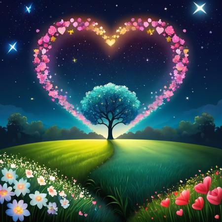 ValentineNatureStyle,flower,outdoors,sky,tree,no humans,night,grass,star (sky),heart shaped stars,heart shaped moon,nature,night sky,scenery,starry sky,field,colorful
,heart shaped flower,valentine,  <lora:ValentineNatureStyle:1>, <lora:add_detail:0.8> <lora:more_details:0.8> <lora:colorfix:0.8>