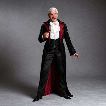 a man dressed as classic style dracula with a ruff, red white black outfit, full body <lora:LeslieNielsenLora:0.7> 1man, white hair, old man,