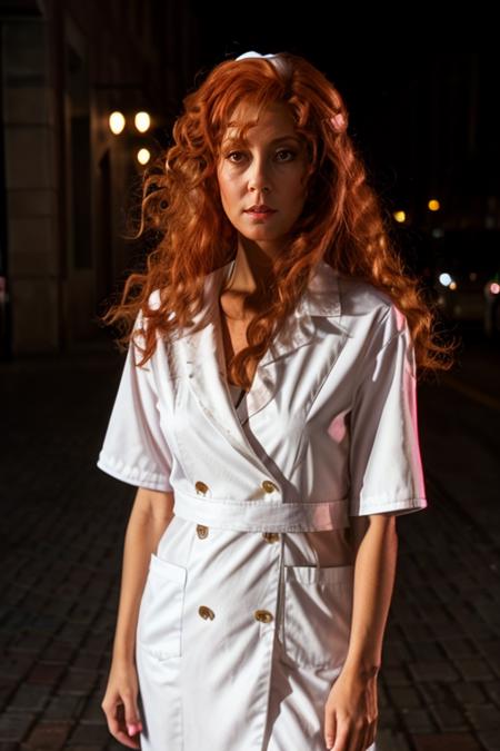 nurse costume ,  sidewalk , evening  <lora:Susan_Sarandon:1> masterpiece, best quality, detailed face, solo, a woman, mature s1873s, red hair, long_hair, looking_at_viewer