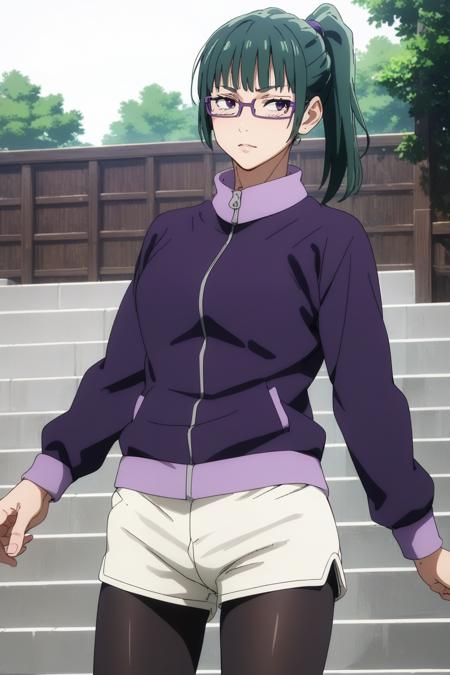 maki_v1,1girl,green_hair,glasses,ponytail,shorts,pantyhose,purple_jacket maki_v1,1girl,green_hair,glasses,ponytail,,pantyhose,,school uniform,skirt,jacket,