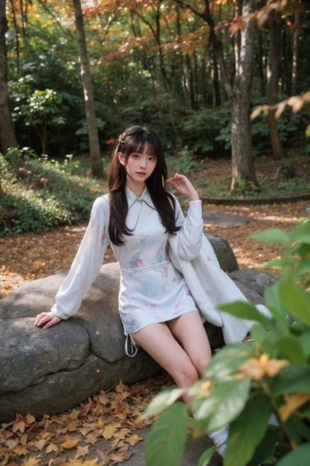 1girl,very long hair,rim light,absurdres,(autumn maple forest:1.3),very few fallen leaves,(path),botanical garden,(white printed cheongsam:1.2),medium_shot,