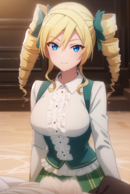 ellismaclaine, <lora:ellis maclaine s2-lora-nochekaiser:1>,
ellis maclaine, long hair, blue eyes, blonde hair, bow, twintails, hair bow, drill hair, twin drills, smile,
BREAK skirt, shirt, long sleeves, white shirt, pantyhose, frills, green skirt, underbust,
BREAK indoors, classroom,
BREAK looking at viewer,
BREAK <lyco:GoodHands-beta2:1>, (masterpiece:1.2), best quality, high resolution, unity 8k wallpaper, (illustration:0.8), (beautiful detailed eyes:1.6), extremely detailed face, perfect lighting, extremely detailed CG, (perfect hands, perfect anatomy),