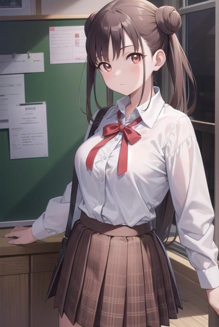 chiyokosonoda, <lora:chiyokosonoda-lora-nochekaiser:1>,
chiyoko sonoda, brown hair, (red eyes:1.5), hair bun, long hair, double bun, sidelocks,
BREAK brown skirt, buttons, collared shirt, dress shirt, miniskirt, neck ribbon, plaid, plaid skirt, pleated skirt, ribbon, school uniform, shirt, skirt, white shirt, yellow ribbon,
BREAK indoors, classroom,
BREAK looking at viewer, cowboy shot,
BREAK <lyco:GoodHands-beta2:1>, (masterpiece:1.2), best quality, high resolution, unity 8k wallpaper, (illustration:0.8), (beautiful detailed eyes:1.6), extremely detailed face, perfect lighting, extremely detailed CG, (perfect hands, perfect anatomy),