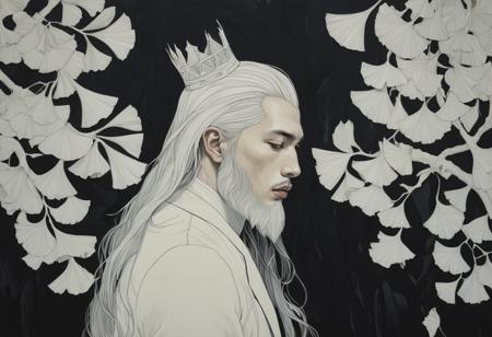 portrait art designed by Tran Nguyen and Atey Ghailan, On pale black paper, elegant, Male Ice king, the Man is very Aggressive and Miserable, he has Long flowy hair, Ginkgo background, Surrealism, dreamlike scenes, delicate brushwork, fantastic