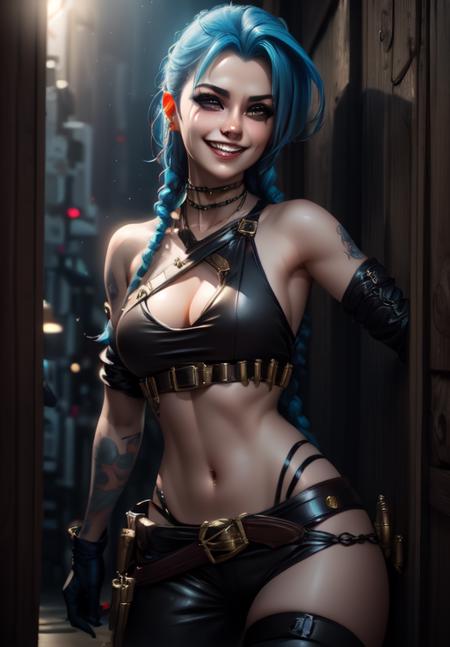 <lora:jinx:0.8>, jinx, grin, portrait,, (acclaimed, alluring, captivating, exciting, gorgeous, striking:1.3), charming, (trending on CGSociety, trending on pixiv, contest winner:1.3)