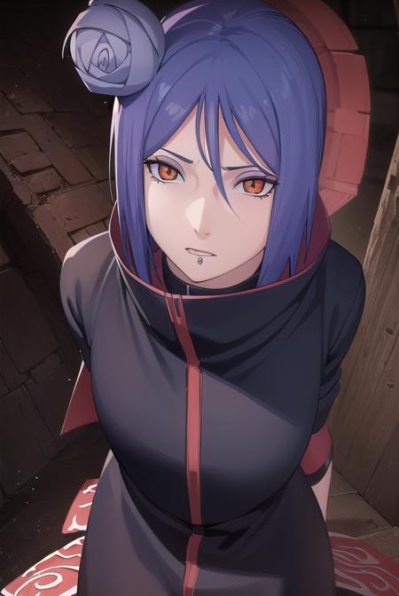 konan, short hair, hair ornament, blue hair, flower, hair flower, (orange eyes:1.2), (labret piercing:1.2), eyeshadow, coat, cloak, black coat, black cloak, (akatsuki uniform:1.5), akatsuki \(naruto\),