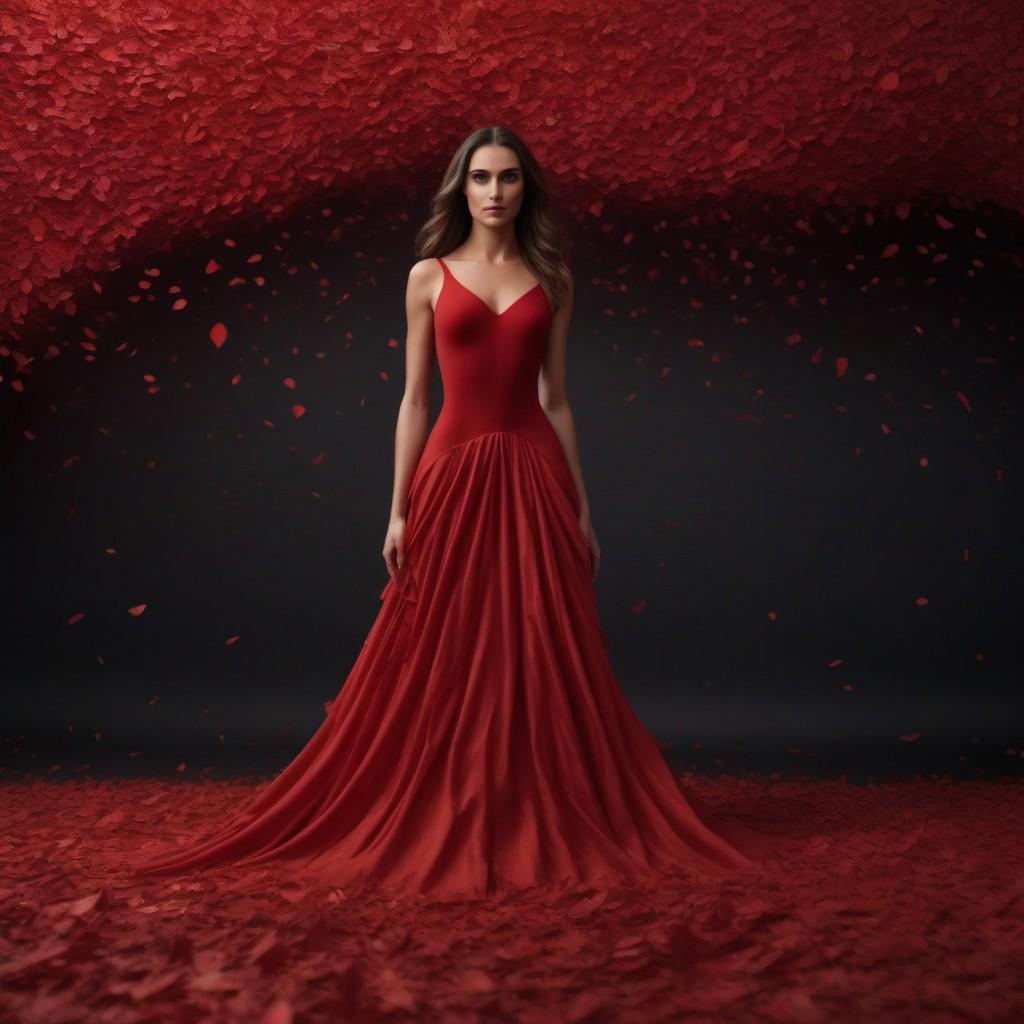 red dress woman, red dress made of medium cardboard leaves falling in cascade,red dress made of gradation from red to black,gorgeous ,ultra hd, realistic, full dress, 8k