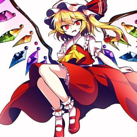 masterpiece, best quality, alphes,white background,flandre scarlet, white soft hat, red hat bow, blonde hair, side ponytail, red eyes, shiny eyes, fang, red vest, short sleeves, puffy sleeves, yellow ascot, red frilled skirt, crystal wings, bobby socks, mary janes, red shoes,detailed eyes,beautiful eyes